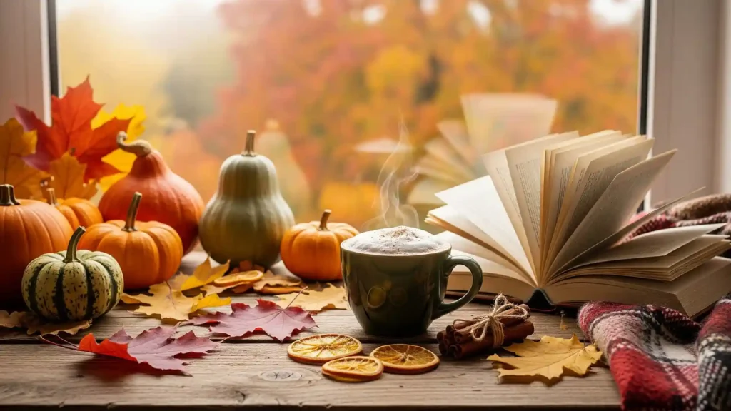 Novemberlichter, Tasse mit Kürbisse vor einem Fenster